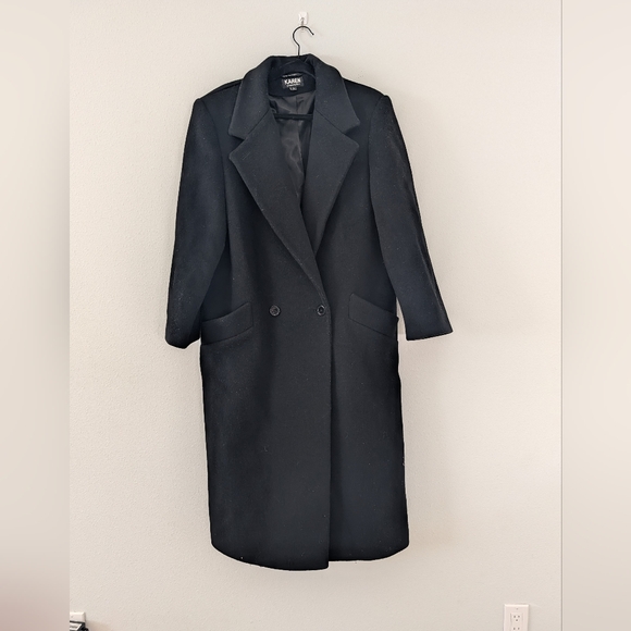 Karen Of Imported Fabric Black Long Wool Trench Coat Size 12 - Picture 3 of 9